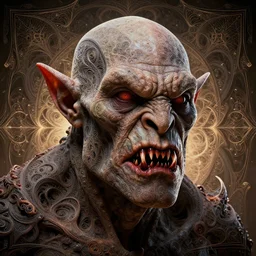 full portrait of an orc of fractals and patterns, wrinkled face, razor sharp bloody teeth, hyper - detailed, background intricate and detailed, ornate 8 k gorgeous intricate detailed, octane render, backlit, global illumination