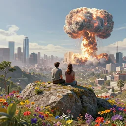 a man and a woman sitting together on top of a rock covered hillside with multicolored flowers watching a nuclear explosion in a distant city with skyscrapers, a detailed matte painting by filip hodas, sharp focus, cgsociety, hyperrealistic, hyper detailed, fantasy art, cinematic, global illumination, octane render, artstation hq, vfxfriday, dystopian art, unreal engine 5