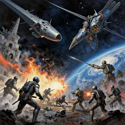 an epic space battle, mixed art styles