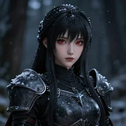 focus face portrait of beautiful darkness knight 3D anime girl, dark forest background, snowing, bokeh, inspired by Masami Kurumada, digital painting, high contrast, unreal engine render, volumetric lighting, high détail