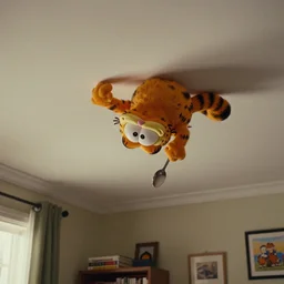 a strange Garfield crawls on the living room ceiling holding a spoon, film still from the movie directed by Wes Anderson with art direction by Zdzisław Beksiński, wide lens