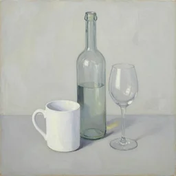 abstract oil painting, minimal, white mug, glass bottle, wine glass, on a table. in the style of john craxton, similar aesthetics to ivon hitchins. picasso