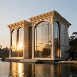 a modern house with tall glass windows on the lake, golden hour, spotlight, backlight, sunlight, volumetric light, ray tracing reflections, insanely detailed and intricate, hypermaximalist, elegant, ornate, hyper realistic, super detailed