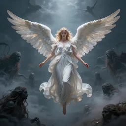 one beautiful angel floating in the sky, surrounded by dark mythical souls, wide angle, hyper detailed, digital art, trending in artstation, cinematic lighting, studio quality, smooth render