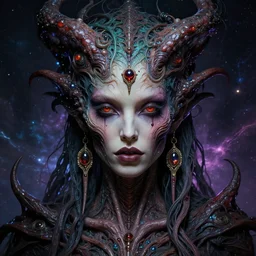 single face portrait. complex hyper-maximalist overdetailed cinematic cosmic scifi portrait of an elegant very attractive but wild and dangerous humanoid reptilian goddess by andrei riabovitchev, tomasz alen kopera, oleksandra shchaslyva. Omnious intricate. Secessionist portrait illustration. Poison goddes. Slightly influenced by giger. Zerg human hybrid goddes. Unreal engine 5. Focus on face. Artstation. Deviantart. 8k 4k 64megapixel. Cosmic horror style. Rendered by binx.ly.