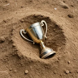a trophy cup, partially buried! in a big pile of dust!, 8 k hdr picture, top - down angled view
