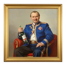 boris yeltsin riding a bottle of schnapps, gorgeous patriotic painting in a gold frame
