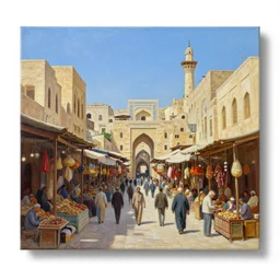 High-Quality orientalist painting of a bazaar in the old city of Damascus, oil on canvas.