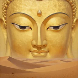 a painting of giant buddahs eyes floating in the desert in gold color palette