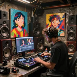 a dj creating disco music in an underground lab, surrounded by large retro speakers, digital painting, artstation, ristan eaton, victo ngai, artgerm, rhads, ross draws, anime styled, hd, 4 k
