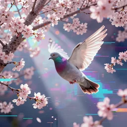 holograph, pigeon flying among cherry blossoms, glitchpunk, neon