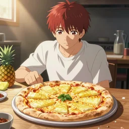 shinji baking pizza with ananas, still from anime