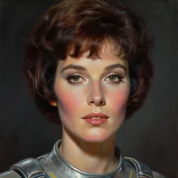 close - up portrait of retrofuturistic young jane fonda in space. reflective detailed textures. soft gloomy dark background. highly detailed fantasy science fiction painting by moebius, norman rockwell, frank frazetta, and syd mead. rich colors, high contrast. artstation