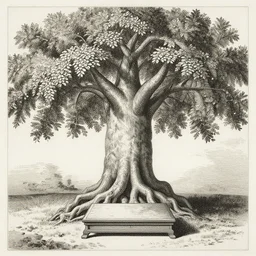 illustration of an empty meditation seat under a beautiful bodhi tree, etching by louis le breton, 1 8 6 9, 1 2 0 0 dpi scan,