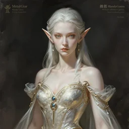 character concept portrait of a stoic woman with pointy ears and in an elegant gown, pale face, intricate, elegant, digital painting, concept art, smooth, sharp focus, illustration, from Metal Gear, by Ruan Jia and Mandy Jurgens and William-Adolphe Bouguereau, Artgerm