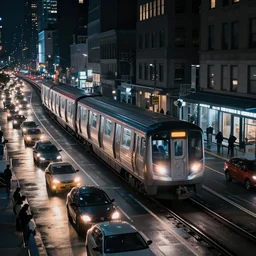 futuristic train drives over busy street full of cars in nyc at night, still photo, cinematic lighting –n 9 –i