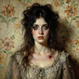 a beautiful and eerie baroque painting of a beautiful but serious woman in layers of fear, with haunted eyes and dark hair piled on her head, 1 9 7 0 s, seventies, floral wallpaper, wilted flowers, a little blood, morning light showing injuries, delicate embellishments, painterly, offset printing technique, art by brom, robert henri, alan lee