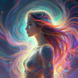 distant side profile portrait, maya ali as a wind sorceress, d & d, gloomhaven, soft luminescent glow, art nouveau, beautifully backlit, ripples, swirly vibrant color lines, fantastically gaudy, aesthetic octane render, 8 k hd resolution, by ilya kuvshinov, cushart krentz, gilleard james