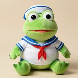 stuffed animal frog wearing a sailor suit, plushie photography,