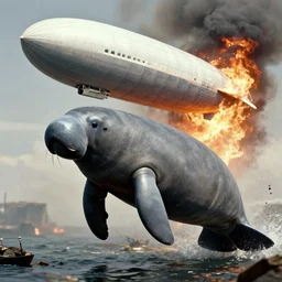 historic photo of a huge manatee as the zepplin in the hindenburg disaster, on fire, crashing to the ground, surreal, historic, 1930s :: extremely realistic, extremely detailed, 8k, octane render