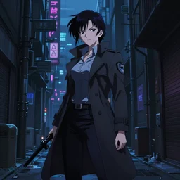 a high definition cinematic screenshot from the detective noir cyberpunk anime film ; a lone female detective in a trenchcoat investigates a dark alleyway, digital painting by makoto shinkai, akira toriyama, sparth, trending on artstation