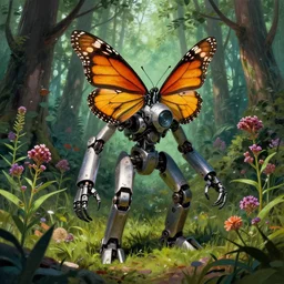 monarch butterfly mech in forest of milkweed in style of simon stalenhag