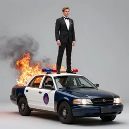 man dressed in a tuxedo standing on top of a burning cop car, photo