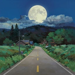 empty village runway panorama in the woods with dramatic sky and giant moon, painting by miyazaki ghibli pixar disney ghibli gouache painting