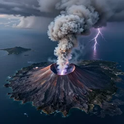 aerial drone view of Anak Krakatau volcano by Bernard Edmaier,turbulent smoke in the shape of barong, storm weather at night ,volumetric lightning,islands,structural geology, high quality,digital concept art,realistic,photorealistic,8k