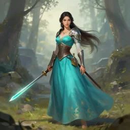 a warrior in a turquoise dress, fantasy art