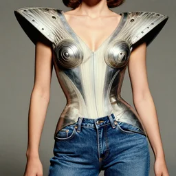 close up of female movie star of the seventies with futuristic avant - garde dress, official jean - paul gaultier editorial, highly detailed