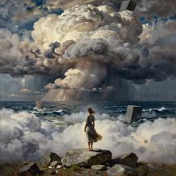 above the clouds, dramatic light, ed mell paintings, surreal thunder clouds in the sky, stormy sea by frederick judd waugh, simple form, brutal shapes stormy sky, extremely strong wind, cumulonimbus, woman in dress figure standing on the stones, realism, cinematic view, artwork by ed mell christopher blossom and franklin carmichael and Russ Kramer and ivan aivazovsky and isaac levitan