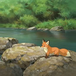 pleasing appealing smooth flat rocky environment sunningrocks by the river's shore, forest clearing, still placid environment matte painting from studio ghibli and the fox and the hound ( 1 9 8 1 )