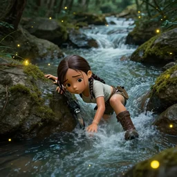 wide shot of exhausted Chibi Lara Croft climbing out of a roaring ancient river, fireflies by Lilia Alvarado