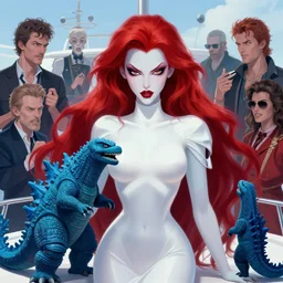 beautiful pale vampire with red hair in a white turtleneck dress, arguing with a small blue godzilla on a super yacht, by guweiz and wlop and ilya kuvshinov and artgerm, symmetrical eyes, aesthetic, gorgeous, stunning, alluring, attractive, artstation, deviantart, pinterest, digital art