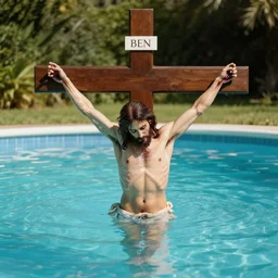 jesus on his cross in a pool with water up to his waist