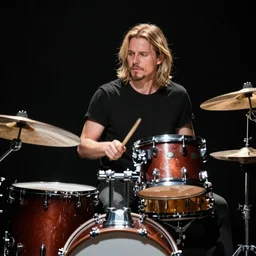 photograph of a blonde man with a short goatee and long hair plays an 8 piece rock drum set, dramatic lighting,