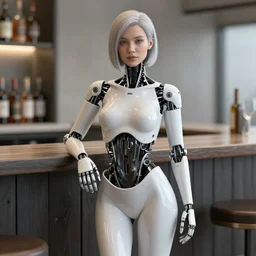 cyborg woman standing near the bar by Dylan Kowalski, photorealism, render, unreal engine, 3d art