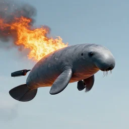 a flying huge manatee on fire, in the hindenburg disaster, historical photo