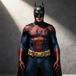 Batman trying on Spiderman's suite