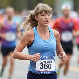 close-up photo of Taylor Swift running a marathon
