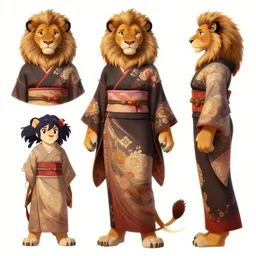 beautiful full body character reference sheet with front, back and side profiles of a strong female anthropomorphic lioness fursona wearing a fancy ornate kimono. character design by disney, anime, manga, charlie bowater, ross tran, artgerm, and makoto shinkai, detailed, soft lighting, rendered in octane