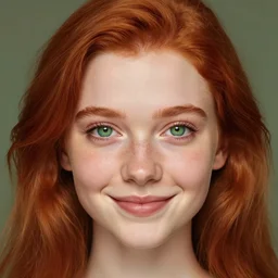 a fantastic portrait photograph of a smiling girl with red hair and green eyes by Alessio Albi, symmetrical face, artstation, deviantart, hyperrealism