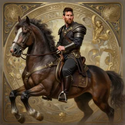 Lionel Messi as a viking, riding a majestic horse, D&D, fantasy, intricate, elegant, highly detailed, digital painting, artstation, concept art, matte, sharp focus, illustration, art by Artgerm and Greg Rutkowski and Alphonse Mucha