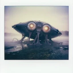 ultra wide angle a big xenobite with 4 glowing eyes with slimey tentacles at crashed spaceship at a misty lake backlighting, faded color polaroid, 1 9 2 0 s photography