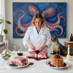 sensual, female pathologist in her apartment, surgical equipment, giant octopus, a fur seal, raw pork, berry juice drips, pancakes, berries, peppercorns scientific glassware with plant roots, art supplies, candles dripping wax, neo - impressionist surrealism, acrylic and spray paint and oilstick on canvas