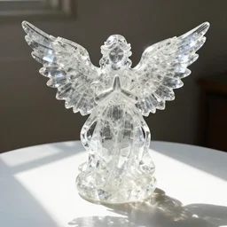 a sculpture of thousand eyed angel made of clear crystal casting caustics on a white table morning light