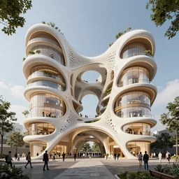 Architecture Zaha hadid, organic, sustainable, retail, residential, 2 floors, pedestrian path, people shopping, octane render, insane details, trending on archdaily,insanely detailed, elegant, luxury, elite, enhanced 8k render