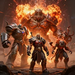 by beatriz bradaschii and danny ingrassia, visually stunning, cinematic, ultra realistic, hyper realism, 1 2 k, epic, octane render, unreal engine, vfx, maya, unstable explosion : ogrimmar aspirant, brimstone warden : stone golem, geosculptor yip : master oakheart, murloc tidecaller : strength totem