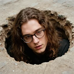 a photo of a handsome guy with very long brownish! hair, with nerdy glasse falling down a hole, kodak portra 4 0 0, 8 k, highly detailed, britt marling style